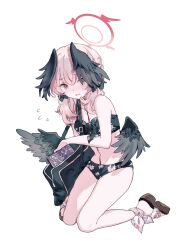 Rule 34 | 1girl, ankle ribbon, bag, bikini, black bag, black bikini, black bow, black wings, blue archive, blush, bow, breasts, feathered wings, floral print, flying sweatdrops, front-tie bikini top, front-tie top, full body, hair bow, hair over shoulder, halo, head wings, highres, koharu (blue archive), koharu (swimsuit) (blue archive), leg ribbon, long hair, low twintails, low wings, migolu, nose blush, official alternate costume, parted lips, pink eyes, pink hair, pink halo, print bikini, ribbon, sandals, shoulder bag, simple background, small breasts, solo, spaghetti strap, swimsuit, twintails, wavy mouth, white background, white ribbon, wings