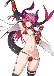 Rule 34 | 1girl, armor, bikini armor, black gloves, black thighhighs, blue eyes, blush, breasts, cape, curled horns, detached collar, dragon horns, dragon tail, elbow gloves, elizabeth bathory (brave) (fate), elizabeth bathory (fate), fate/grand order, fate (series), gauntlets, gloves, hairband, highres, horns, long hair, looking at viewer, navel, open mouth, pauldrons, pink hair, pointy ears, red armor, shoulder armor, small breasts, smile, solo, sword, tail, takanashi kei (hitsujikan), thighhighs, weapon, white cape