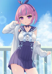 Rule 34 | 1girl, absurdres, adapted costume, anchor symbol, arm up, blue hair, blue sky, blunt bangs, bob cut, bow, choker, cloud, colored inner hair, hand on own face, high-waist skirt, highres, hitsuji (myn mei), hololive, jacket, looking at viewer, minato aqua, minato aqua (sailor), multicolored hair, official alternate costume, pink hair, purple eyes, sailor collar, school uniform, shirt tucked in, short hair, simple background, skirt, sky, two-tone hair, virtual youtuber, white jacket