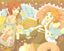 Rule 34 | 00s, 2boys, asch (tales), bad id, bad pixiv id, barefoot, candy, doughnut, food, green eyes, hair ornament, hairclip, inamura (yanahiyabao), lollipop, luke fon fabre, male focus, mieu (tales), multiple boys, open mouth, pig, red hair, tales of (series), tales of the abyss, tokunaga (tales)