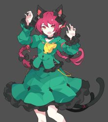 Rule 34 | 1girl, alternate costume, animal ear fluff, animal ears, arms up, ascot, black background, black bow, black choker, blush, bow, braid, buttons, cat ears, cat tail, choker, claw pose, diamond button, extra ears, eyelashes, fang, feet out of frame, frilled skirt, frilled sleeves, frills, green skirt, green vest, hair bow, highres, ideolo, kaenbyou rin, knees, long hair, long sleeves, multiple tails, nekomata, open mouth, pointy ears, red eyes, red hair, sidelocks, skin fang, skirt, solo, standing, tail, touhou, touhou ayaria epic, two tails, vest, wide sleeves, yellow ascot