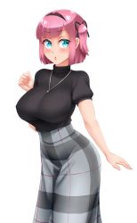 Rule 34 | 1girl, :o, black ribbon, blue eyes, breasts, chestnut mouth, hair ribbon, hairband, jewelry, large breasts, long skirt, looking at viewer, mochizuki momiji, necklace, new game!, parted lips, pink hair, plaid, plaid skirt, ribbon, short hair, simple background, skirt, solo, twrlare, white background