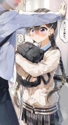 Rule 34 | 1boy, 1girl, 3:, absurdres, bag, black hair, black pants, blush, braid, brown cardigan, buttoned cuffs, buttons, cardigan, closed mouth, collared shirt, commentary request, flying sweatdrops, grey skirt, hair between eyes, hair ornament, hairclip, head out of frame, highres, hugging object, kabedon, long hair, long sleeves, nose blush, original, pants, pentagon (railgun ky1206), plaid, plaid skirt, pleated skirt, purple eyes, school bag, school uniform, shirt, skirt, sleeves past wrists, train interior, translated, twin braids, twintails, very long hair, wavy mouth, white shirt