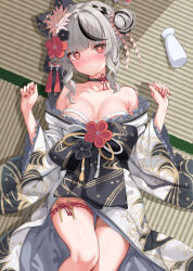 Rule 34 | 1girl, absurdres, bare shoulders, breasts, cleavage, grey hair, highres, hololive, japanese clothes, kimono, looking at viewer, medium breasts, multicolored hair, official alternate costume, oniku (o29sukizero), red eyes, sakamata chloe, short hair, solo, streaked hair, virtual youtuber