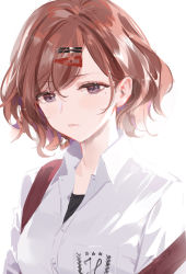 Rule 34 | 1girl, absurdres, backlighting, blouse, blurry, breast pocket, breasts, brown eyes, brown hair, closed mouth, collared shirt, commentary request, depth of field, hair between eyes, hair ornament, hairclip, has bad revision, has downscaled revision, highres, higuchi madoka, idolmaster, idolmaster shiny colors, light, light blush, looking at viewer, md5 mismatch, medium breasts, mole, mole under eye, partially unbuttoned, pocket, red hair, resolution mismatch, shirt, short hair, simple background, skirt, sleeves rolled up, solo, source smaller, swept bangs, upper body, wavy hair, white background, white shirt, yd (orange maru)