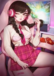 Rule 34 | 1girl, academy d.va, alternate hair color, alternate hairstyle, anntan, bandaid, bandaid on leg, bare legs, bespectacled, between breasts, black hair, braid, breasts, chair, clothes lift, d.va (overwatch), doritos, facial mark, fingernails, game console, gaming chair, glasses, headphones, long fingernails, long hair, looking at viewer, monitor, multicolored nails, nail polish, necktie, necktie between breasts, nintendo switch, official alternate costume, one eye closed, open clothes, open shirt, overwatch, overwatch 1, pink lips, pink shirt, pink skirt, plaid, plaid skirt, pleated skirt, product placement, round eyewear, school uniform, shirt, sitting, skirt, skirt lift, small breasts, solo, swivel chair, twin braids, unmoving pattern, whisker markings, wireless, yellow-framed eyewear