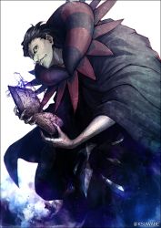 Rule 34 | 1boy, black eyes, black hair, book, gilles de rais (caster) (fate), colored skin, fate/grand order, fate/zero, fate (series), holding, holding book, k-suwabe, looking at viewer, male focus, prelati&#039;s spellbook, robe, simple background, smile, solo, twitter username, white background, white skin