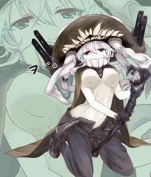 Rule 34 | 10s, 1girl, abyssal ship, black gloves, bodysuit, breasts, cane, cape, full body, gloves, glowing, glowing eyes, hair between eyes, hat, highres, holding, kantai collection, kneeling, looking at viewer, nobinonki, pale skin, silver hair, solo, tentacles, wo-class aircraft carrier, zoom layer