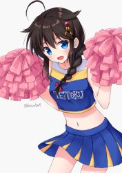 Rule 34 | 1girl, :d, ahoge, bad id, bad pixiv id, bare shoulders, blue eyes, blue shirt, blue skirt, blush, bow, braid, breasts, brown hair, cheerleader, commentary request, crop top, grey background, hair between eyes, hair bow, hair flaps, hair ornament, hair over shoulder, holding, hoshino kagari, kantai collection, long hair, midriff, navel, open mouth, pleated skirt, pom pom (cheerleading), red bow, shigure (kancolle), shigure kai ni (kancolle), shirt, simple background, skirt, sleeveless, sleeveless shirt, small breasts, smile, solo, twitter username, white background