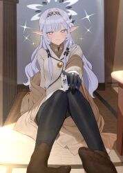 Rule 34 | 1girl, black gloves, black hairband, black pantyhose, blanket, blue archive, blush, closed mouth, commentary, dress, elf, gloves, hairband, halo, highres, himari (blue archive), index finger raised, indoors, knees together feet apart, long hair, looking at viewer, mole, mole under eye, pantyhose, pointing, pointing at viewer, pointy ears, purple eyes, soles, solo, sparkle, symbol-only commentary, tatami, white dress, white hair, zanya 000