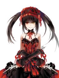 Rule 34 | 10s, 1girl, bad id, bad pixiv id, black hair, breasts, cleavage, clock eyes, date a live, detached sleeves, dress, gun, hairband, heterochromia, highres, holding, holding gun, holding weapon, katoz, lolita hairband, looking at viewer, red eyes, simple background, smile, solo, symbol-shaped pupils, tokisaki kurumi, transparent background, twintails, weapon, white legwear