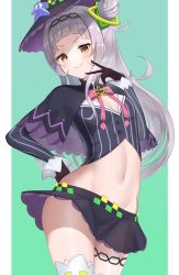 Rule 34 | 1girl, absurdres, black capelet, black gloves, black hat, black skirt, blunt bangs, blush, bow, bowtie, capelet, closed mouth, commentary request, cowboy shot, cropped shirt, gloves, green background, grey hair, grey shirt, groin, hair bun, hand on own hip, hand up, hat, head tilt, highres, hololive, legs together, long hair, long sleeves, looking at viewer, lowleg, lowleg skirt, midriff, miniskirt, murasaki shion, murasaki shion (1st costume), navel, orange eyes, pink bow, pink bowtie, shiny skin, shirt, short eyebrows, side bun, sidelocks, single side bun, skirt, smile, solo, standing, stomach, striped clothes, striped shirt, thighhighs, thighlet, tojo aoi, v, v-shaped eyebrows, vertical-striped clothes, vertical-striped shirt, virtual youtuber, white thighhighs, witch hat