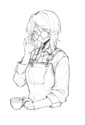 Rule 34 | 1girl, apron, collared shirt, cup, faust (project moon), glasses, greyscale, hand up, highres, ivy (675671), limbus company, looking at viewer, monochrome, necktie, parted lips, project moon, round eyewear, shirt, short hair, simple background, sketch, smile, solo, teacup, upper body