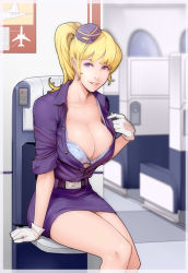 Rule 34 | airplane interior, belt, blonde hair, blurry, blurry foreground, bra, breasts, commentary, depth of field, dress, flight attendant, gloves, hand up, harem heroes, hat, highres, huge breasts, looking at viewer, materclaws, parted lips, ponytail, purple dress, purple eyes, short dress, sitting, smile, solo, travel attendant, underwear, white bra, white gloves, wing collar