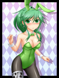 Rule 34 | 1girl, animal ears, bow, bowtie, breasts, cleavage, detached collar, duel monster, fake animal ears, green eyes, green hair, leotard, long hair, matching hair/eyes, pantyhose, pataneet, playboy bunny, ponytail, rabbit ears, rabbit tail, solo, tail, winda priestess of gusto, wrist cuffs, wynnda miko of the gusta, yu-gi-oh!, yu-gi-oh! duel monsters