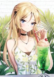 Rule 34 | 1girl, ankkoyom, bad id, bad pixiv id, bare shoulders, black choker, blonde hair, blue eyes, blush, braid, breasts, cherry, choker, cleavage, collarbone, commentary request, dress, drinking straw, floral print, food, fruit, girls&#039; frontline, hair ornament, highres, holding, holding drinking straw, k5 (girls&#039; frontline), long hair, looking at viewer, medium breasts, melon soda, smile, solo