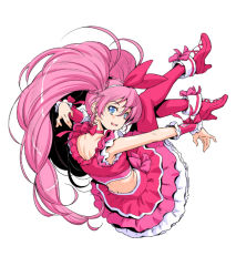 Rule 34 | 10s, 1girl, back, blue eyes, bow, braid, choker, cure melody, from behind, houjou hibiki, kazuma muramasa, looking back, magical girl, midriff, open mouth, pink hair, precure, red footwear, red legwear, ribbon choker, shoes, simple background, solo, suite precure, twintails, white background