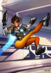 Rule 34 | 1girl, absurdres, boots, breasts, brown hair, goggles, highres, legs, looking at viewer, overwatch, overwatch 1, pants, short hair, smile, solo, thighs, tight clothes, tight pants, tracer (overwatch), woon ir vin