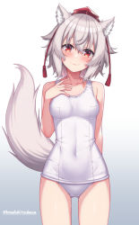 Rule 34 | 1girl, alternate costume, animal ear fluff, animal ears, artist name, bare shoulders, blush, breasts, closed mouth, collarbone, commentary request, commission, covered navel, cowboy shot, gluteal fold, gradient background, grey background, hair between eyes, hand on own chest, hand up, hat, head tilt, inubashiri momiji, kouzuki tsubasa (musou kaidou), looking at viewer, medium breasts, old school swimsuit, one-piece swimsuit, red eyes, red hat, school swimsuit, short hair, silver hair, skeb commission, smile, solo, swimsuit, tail, tassel, thigh gap, tokin hat, touhou, white one-piece swimsuit, wolf ears, wolf tail, ||/