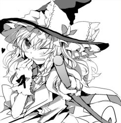 Rule 34 | 1girl, bad id, bad pixiv id, blush, female focus, greyscale, hat, heart, kirisame marisa, long hair, looking at viewer, messy hair, monochrome, one eye closed, poprication, smile, solo, touhou, wavy hair, wink, witch hat