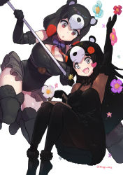 Rule 34 | 2girls, :d, :o, animal ears, arm up, bare shoulders, bear ears, bear girl, belt, black dress, black gloves, black hair, black leotard, black pantyhose, black thighhighs, breasts, chibi kumamon (kemono friends), cleavage cutout, clothing cutout, commentary request, dress, elbow gloves, flower, fur-trimmed dress, fur-trimmed gloves, fur trim, gloves, hair ornament, heart, heart hair ornament, highres, higumamon (kemono friends), japari symbol, kemono friends, large breasts, leotard, long hair, looking at viewer, medium breasts, multicolored hair, multiple girls, open mouth, pantyhose, red eyes, red hair, simple background, smile, star (symbol), star hair ornament, tadano magu, thighhighs, twitter username, white background, white eyes, white hair