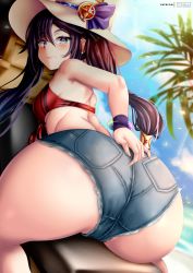 Rule 34 | 1girl, alternate costume, ass, ass focus, bare shoulders, bikini, blush, bra, breasts, cameltoe, denim, denim shorts, embarrassed, from behind, genshin impact, green eyes, hair ornament, hat, highres, huge ass, long hair, looking at viewer, looking back, medium breasts, mona (genshin impact), oniilus, purple hair, shiny skin, short shorts, shorts, sideboob, sitting, solo, swimsuit, thick thighs, thighs, twintails, underwear, very long hair