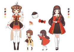 Rule 34 | 1990s (style), 2girls, :d, antenna hair, arm at side, back, black dress, black footwear, black hair, blunt bangs, blush stickers, boots, bow, brown hair, camera, candy, cardcaptor sakura, character sheet, covering own mouth, cupcake, daidouji tomoyo, dress, food, food-themed clothes, frills, gloves, green eyes, hair bobbles, hair bow, hair ornament, hair ribbon, hairband, hand on own chin, hand to own mouth, kinomoto sakura, legs apart, long hair, long sleeves, looking at viewer, mary janes, multiple girls, multiple views, neck ribbon, open mouth, purple eyes, recording, red bow, red dress, red shorts, retro artstyle, ribbon, shoes, short hair, shorts, smile, standing, striped, striped bow, thighhighs, two side up, very long hair, white background, white gloves, white legwear, wrist cuffs, yellow bow, yellow ribbon, youli (yori)