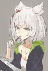 Rule 34 | 1girl, animal ear fluff, animal ears, black jacket, braid, brown eyes, camisole, commentary, fingerless gloves, gloves, grey background, grey hair, hand up, highres, holding, holding pen, jacket, mio (xenoblade), off shoulder, onepointzero, open clothes, open jacket, parted lips, pen, simple background, sketch, solo, upper body, white camisole, white gloves, xenoblade chronicles (series), xenoblade chronicles 3