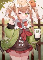 Rule 34 | 1girl, ;), blonde hair, blush, bow, brown sweater, closed mouth, commentary request, cup, disposable cup, drinking straw, fence, flower, green eyes, hair flower, hair ornament, hairclip, highres, holding, holding cup, hololive, jacket, long sleeves, looking at viewer, miniskirt, momosuzu nene, momosuzu nene (casual), multicolored hair, neckerchief, nekko (momosuzu nene), official alternate costume, one eye closed, open clothes, open jacket, outdoors, pink hair, plaid, plaid neckerchief, plaid neckwear, plaid skirt, pleated skirt, red bow, red neckerchief, red skirt, sailor collar, shiohana, skirt, smile, solo, standing, streaked hair, sweater, twintails, virtual youtuber, waving, white flower, white jacket, white sailor collar