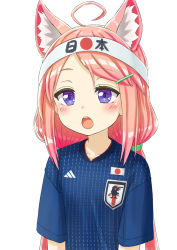 Rule 34 | 1girl, adidas, ahoge, animal ear fluff, animal ears, blue shirt, blush, cat ears, collarbone, hair ornament, hairclip, headband, highres, hinata channel, japanese flag, jd (bibirijd), long hair, low twintails, nekomiya hinata, open mouth, pink hair, purple eyes, shirt, short hair, simple background, soccer, solo, swept bangs, teeth, translation request, twintails, upper teeth only, uppi, virtual youtuber, white background, world cup