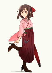 Rule 34 | 1girl, annin musou, bad id, bad twitter id, boots, bow, brown footwear, brown hair, closed umbrella, cross-laced footwear, drill hair, full body, hair bow, hakama, hakama skirt, harukaze (kancolle), high heel boots, high heels, highres, japanese clothes, kantai collection, kimono, looking to the side, meiji schoolgirl uniform, oil-paper umbrella, pink kimono, red bow, red eyes, red hakama, simple background, skirt, solo, standing, standing on one leg, twin drills, umbrella, white background