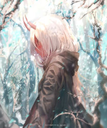 Rule 34 | 10s, 1girl, artist name, black robe, blue eyes, blush, breath, colored skin, darling in the franxx, day, highres, hooded robe, horns, long hair, long sleeves, outdoors, pink hair, red skin, robe, sa&#039;yuki, sharp teeth, snow, snowing, solo, spoilers, tagme, teeth, tree, very long hair, winter, aged down, zero two (darling in the franxx)