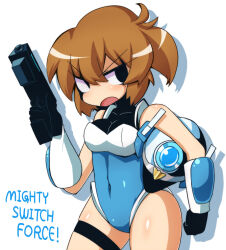Rule 34 | 1girl, armor, artist request, ass, bare legs, bare shoulders, black eyes, blue leotard, breasts, brown hair, covered navel, gloves, helmet, highleg, highleg leotard, holding, holding helmet, huge ass, large breasts, leotard, looking at viewer, mighty switch force!, open mouth, patricia wagon, police, police uniform, policewoman, revealing clothes, shiny clothes, shiny skin, short hair, solo, title, uniform, wide hips