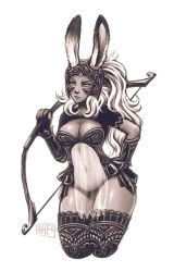 Rule 34 | 00s, 1girl, animal ears, armor, bow (weapon), breasts, cleavage, cropped legs, dark-skinned female, dark skin, ears through headwear, final fantasy, final fantasy xii, fingerless gloves, fran (ff12), gloves, greyscale, hand on own hip, helmet, iahfy, long hair, monochrome, navel, over shoulder, rabbit ears, see-through, solo, thighhighs, vambraces, viera, weapon, weapon over shoulder