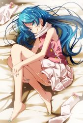 Rule 34 | 1girl, absurdres, bad id, bad pixiv id, bare arms, bare legs, bare shoulders, barefoot, bed sheet, bell, blue eyes, blue hair, blue nails, blush, bow, buttons, closed mouth, double-breasted, feet, female focus, full body, hair down, hatsune miku, highres, jingle bell, light particles, long hair, looking at viewer, lying, medium skirt, nail polish, no panties, on side, pink bow, pink shirt, pleated skirt, project diva (series), scarf, shirt, skirt, sleeveless, sleeveless shirt, smile, smirk, solo, unworn thighhighs, toenail polish, toenails, tsukishiro saika, very long hair, vocaloid, white legwear, white scarf, white skirt
