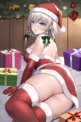 Rule 34 | 1girl, ass, ass focus, bare back, bare shoulders, blue eyes, bow, box, braid, breasts, commentary request, fur-trimmed gloves, fur-trimmed skirt, fur-trimmed thighhighs, fur trim, gift, gift box, gloves, green bow, grey hair, hair bow, hat, izayoi sakuya, large breasts, looking at viewer, miniskirt, parted lips, red gloves, red hat, red skirt, red thighhighs, santa hat, short hair, skirt, smile, solo, strapless, thighhighs, thighs, touhou, tube top, twin braids, uemura shun