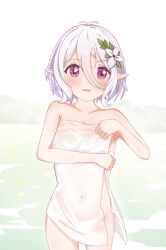 Rule 34 | 1girl, after bathing, antenna hair, bath, bathing, covering privates, elf, flower, grey hair, hair flower, hair ornament, highres, holding, holding towel, kokkoro (princess connect!), lemonztea, naked towel, navel, nude cover, onsen, pointy ears, princess connect!, see-through, steam, towel, towel around waist, water, wet, wet towel, white flower, white towel