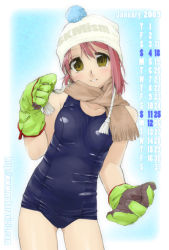 Rule 34 | 1girl, beanie, calendar, gloves, hat, kujou hyotarouo, one-piece swimsuit, scarf, school swimsuit, shiny clothes, skindentation, solo, swimsuit