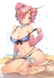 Rule 34 | 1girl, anklet, arm wrap, beach, bikini, blue bikini, breasts, cleavage, closed mouth, detached collar, detached sleeves, double bun, fate/grand order, fate (series), frankenstein&#039;s monster (fate), frankenstein&#039;s monster (swimsuit saber) (fate), frankenstein&#039;s monster (swimsuit saber) (second ascension) (fate), glint, grey eyes, hair bun, hair ornament, hair over one eye, head tilt, headgear, horns, jewelry, large breasts, leg wrap, looking at viewer, navel, outdoors, parted bangs, partially submerged, pink hair, sandals, short hair, single detached sleeve, single horn, sitting, sleeves past wrists, solo, strap slip, swimsuit, teddy (khanshin), wariza