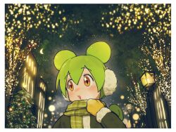 1girl animal_ears bare_tree blush border breath brown_eyes christmas_lights crescent_moon earmuffs fur-trimmed_sleeves fur_trim green_hair highres lamppost long_hair long_sleeves looking_to_the_side low_ponytail mittens moon night night_sky okepi open_mouth outdoors plaid_clothes plaid_scarf scarf sky solo star_(sky) starry_sky tree upper_body voicevox white_border winter zundamon