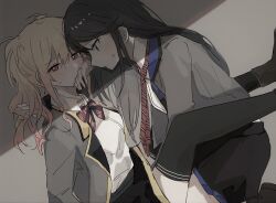 Rule 34 | 2girls, between legs, black eyes, black hair, black skirt, black thighhighs, blazer, blonde hair, blush, bow, bowtie, breasts, collared shirt, colored tips, commentary, covering own mouth, dress shirt, grey jacket, highres, hoshino ichika (project sekai), implied fingering, jacket, kneeling, long hair, medium breasts, multicolored hair, multiple girls, necktie, nervous sweating, pann (1202zzzx00), project sekai, red bow, red bowtie, red eyes, red necktie, school uniform, shade, shirt, sidelocks, skirt, sweat, sweatdrop, tenma saki, thighhighs, two side up, white shirt, yuri