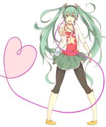 1girl alternate_costume aqua_eyes aqua_hair artistic_error bad_anatomy casual female_focus hair_ribbon hatsune_miku headphones heart highres jewelry leggings long_hair necklace ribbon simple_background smile solo spandex twintails v vocaloid yakitori_(artist)