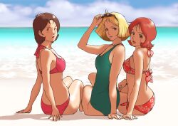 Rule 34 | 3girls, absurdres, adjusting eyewear, beach, bikini, blonde hair, breasts, brown hair, cloud, commentary request, day, eyewear on head, fraw bow, from behind, green one-piece swimsuit, gundam, hand on eyewear, highres, looking at viewer, looking back, mirai yashima, mobile suit gundam, multiple girls, ocean, one-piece swimsuit, open mouth, outdoors, parted lips, pink bikini, red bikini, sayla mass, short hair, sitting, small breasts, smile, sunglasses, swimsuit, teikoku jokyoku
