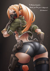 Rule 34 | 1girl, ass, bike shorts, bikini, bikini top only, black bikini, black shorts, black thighhighs, breasts, code vein, commission, cropped jacket, from behind, gas mask, gloves, green jacket, grey eyes, highres, jacket, long hair, looking at viewer, looking back, mask, orange hair, pote0508, rin murasame, shorts, skeb commission, small breasts, solo, standing, swimsuit, tattoo, thighhighs, tribal tattoo