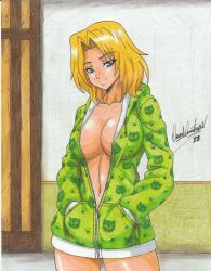 Rule 34 | 1girl, 2022, animal print, blonde hair, breasts, cat print, dead or alive, door, green jacket, highres, indoors, jacket, large breasts, ravernclouk design, smile, solo, tina armstrong, white wall