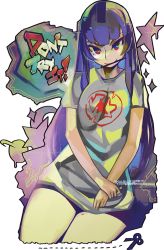Rule 34 | 1girl, blue hair, blunt bangs, crescent, crescent moon, english text, long hair, madeline (eric muentes), madeline (woof), mole, mole on thigh, mole under eye, moon, original, pencil, planet, red eyes, scissors, shirt, smile, solo, star (symbol), t-shirt, transparent background, woofycakes