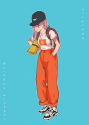 Rule 34 | 1girl, absurdres, amachu a, artist name, backpack, bag, baseball cap, blue eyes, breasts, bulma, capsule corp, commentary, dragon ball, dragon ball (classic), full body, hand in pocket, hand on own hip, hat, high-waist pants, highres, medium breasts, nike (company), orange pants, pants, pants rolled up, purple hair, shoes, sneakers, solo