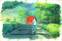 Rule 34 | 1girl, black footwear, blue eyes, border, brown hair, bush, closed mouth, cloud, cloudy sky, day, from side, green hakama, green sky, hakama, hakama skirt, highres, holding, holding umbrella, japanese clothes, long hair, long sleeves, looking at viewer, oil-paper umbrella, original, outdoors, red umbrella, sawitou mizuki, scenery, shoes, skirt, sky, smile, solo, standing, tree, umbrella, white border