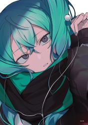 Rule 34 | 1girl, aqua hair, aqua nails, close-up, earbuds, earphones, enpera, expressionless, eyes visible through hair, fingernails, gradient nails, hair between eyes, hand up, hassan (sink916), hatsune miku, head tilt, holding, holding earphones, limited palette, long hair, looking at viewer, nail polish, orange nails, parted lips, ringed eyes, scarf, shade, simple background, sleeves past wrists, solo, tsurime, twintails, very long hair, vocaloid, white background