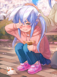 Rule 34 | 2girls, aged down, animal ears, blue hair, blue pants, blurry, blurry foreground, blush, bow, commentary request, crying, crying with eyes open, food, hair bow, headpat, highres, holding, holding food, hololive, hood, hood down, hoodie, ice cream, ice cream cone, ice cream cone spill, long hair, long sleeves, magowasabi, multiple girls, one eye closed, out of frame, outdoors, pants, pekomama, petals, pink footwear, pink hoodie, rabbit-shaped pupils, rabbit ears, rabbit girl, shoes, short eyebrows, squatting, symbol-shaped pupils, tears, thick eyebrows, twintails, usada pekora, virtual youtuber, white bow, wiping tears, yellow eyes
